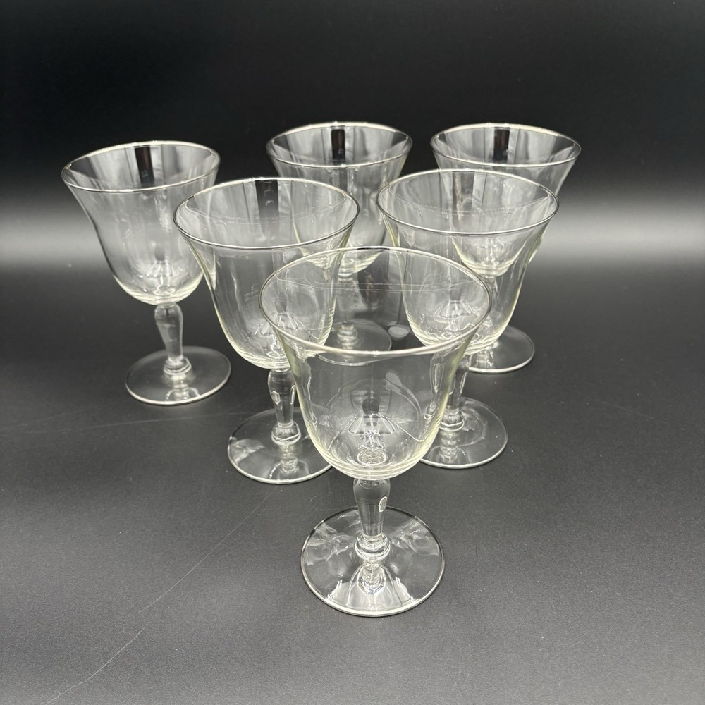 6  Glastonbury Lotus Crystal Platinum Trim Water Wine‎ Goblet Glasses MCM
